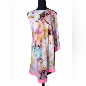 Ted Baker London Asym Floral One Shoulder Cape Sleeve Dress Pink Trim- Size 4